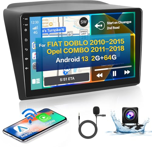 Hikity 2+64G Android Autoradio Navi Für FIAT Doblo 2010-2015/Opel Combo 2011-2018 mit Wireless Carplay Android Auto 9 Zoll Touchscreen Auto Radio mit GPS Bluetooth WiFi DSP FM RDS SWC Rückfahrkamera