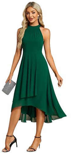 Ever-Pretty Abito Cerimonia Donna Spalle Scoperte Pieghe High Low Senza Maniche Chiffon al Ginocchio Abito da Ospite Orlo Irregolare Comodo Verde Scuro 58