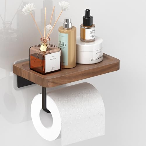 AIKER Porta Carta Igienica,Porta Carta Igienica Adesivo In Legno Di Noce Naturale Di Buona Qualità Senza Foratura,20 Cm Porta Carta Igienica Da Muro Squisito In Legno Massello Europeo-Cucina/Bagno