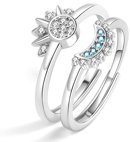 OQKAHIV Sonne-Mond-Ring, 2er Set Sonne & Mond Freundschaftsringe, CZ-Silber Verstellbar, Offene Versprechen Ring Sets, Damen-Frauen-Matching Ringe, zum Verschenken an eine Frau