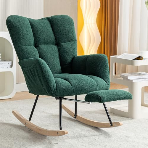 YESGIGA Teddy Stoff getuftet gepolstert Schaukelstuhl mit ausziehbarer Fußstütze (Grün)