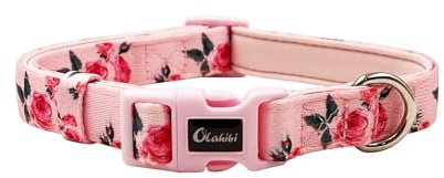 Olahibi Basic Dog Collar, Polyester Webbing Padded with Soft Neoprene, Rose Pattern, for Medium Dogs.(M, Pink Rose)