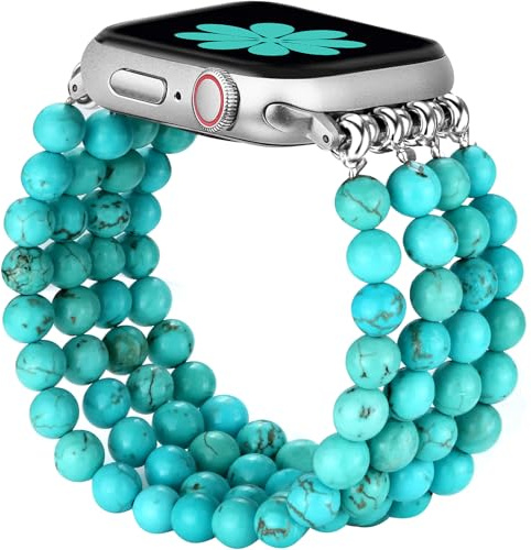 JR.DM Naturstein Armband Kompatibel mit Apple Watch Armband 38mm 40mm 41mm 42mm 44mm 45mm 46mm Elegant Komfortabler Handgefertigter Elastischer iWatch Uhrband für Series 10/9/8/7/SE/6/5/4/3/2/1 Damen