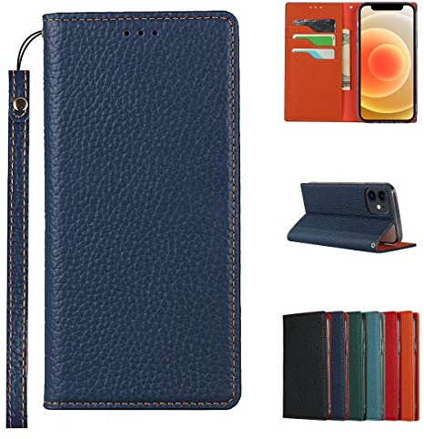 Cavor Phone Case Compatible for iPhone 12 Mini Cover,Genuine Leather Flip Wallet Case,[3 Card Holders][Magnetic Closure][RFID-Blocking][Lanyard] Protective Case - Dark Blue