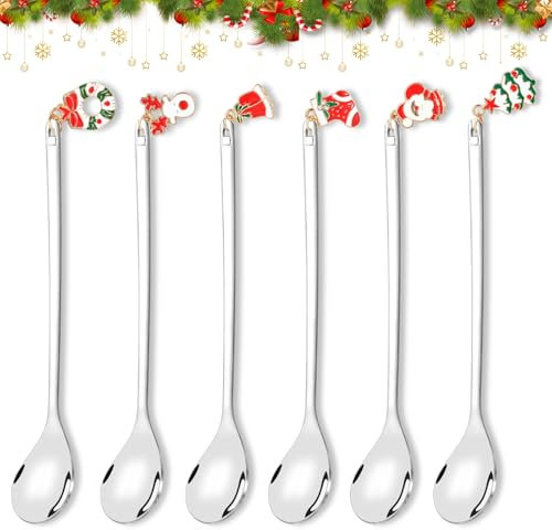 HOWAF 6 Piezas Cucharillas Cafe Navidad, Cucharillas Cafe, Cucharas de Postre Navidad, Cucharas de Postre, Cubiertos de Navidad, Cubiertos Navidad Regalos para Navidad, Plata