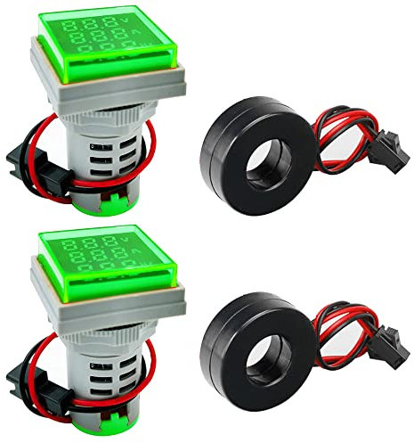 GUUZI 2 pezzi 22mm Display a tre Cifre corrente CA 20-500V, Tensione 0-100 A, indicatore di frequenza 20-70Hz, Strumento di Misurazione Multifunzione a LED a testa quadrata (verde)