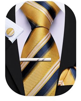 Barry.Wang Gestreifte Krawatte mit Krawattenklammer für Herren, Seidenkrawatte, Einstecktuch, Manschettenknöpfe, Set, formell, Business, Hochzeit, Party, Gold, Marineblau, Einheitsgröße