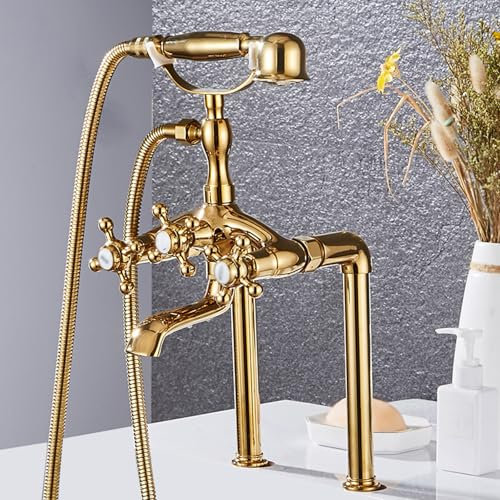 BiaoTeng Clawfoot Rubinetto per Bordo Vasca da Bagno con Doccetta 2 Manopole Croce Dorata Ottone Caldo e Freddo 2 Fori Miscelatore Vasca da Bagno Oro