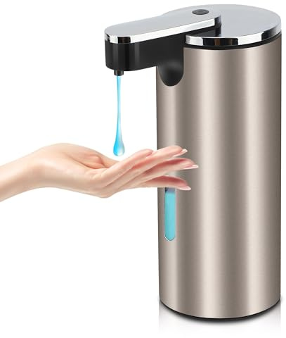 MEKOTRIN Automatic Soap Dispenser Touchless 330ML Hand Soap Dispenser with 3 Adjustable Level, Battery Stainless Steel Hand Wash Dispenser, Liquid Shower Gel Dispenser for Bathroom Kitchen(Glossy Lid)
