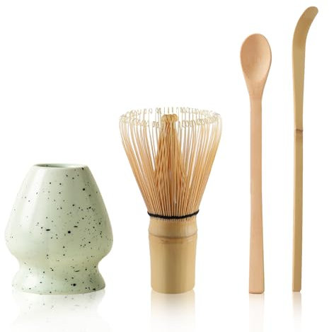 Juego de té matcha con escoba matcha de bambú y cuchara de matcha, soporte de batidor Matcha de cerámica (verde claro)