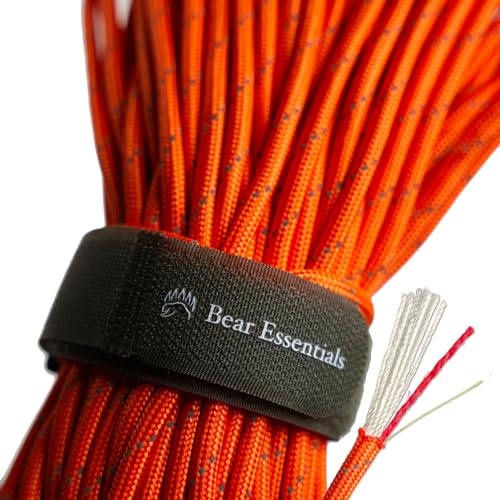 Bear Essentials - Cuerda de paracaídas reflectante de supervivencia de 750 libras, con cordón de fuego y línea de pesca de Kevlar en el interior, funda de poliéster de alta tenacidad, naranja