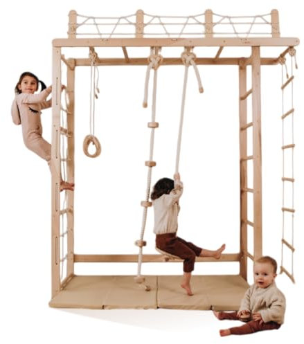 Woodandhearts Riesige Brücke Schwedische Leiter, sprossenwand, kletterwand kinderzimmer, turnringe, sprossenwand kinderzimmer, Indoor Spielplatz, kletterwand (Natürliche Holzfarbe)