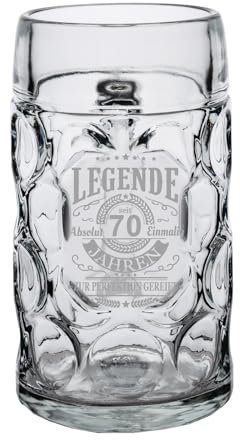 LUXENTU Maßkrug 1,0l mit graviertem Motiv, Bierkrug für ein Jubiläum & besondere Anlässe, Henkelkrug mit Lasergravur-Veredelung, Spülmaschinengeeignet, Legende seit 70 Jahren