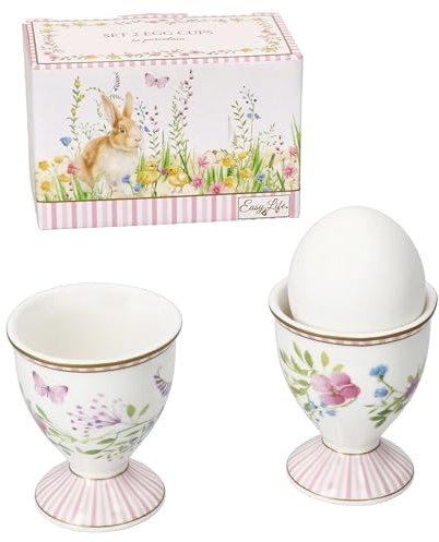 MamboCat Happy Easter 2er Set Eierbecher I für 2 Personen I runde Porzellan-Eierbecher mit Fuß & Oster-Dekor I für das weiche oder Harte Frühstücksei beim Brunch & Buffet