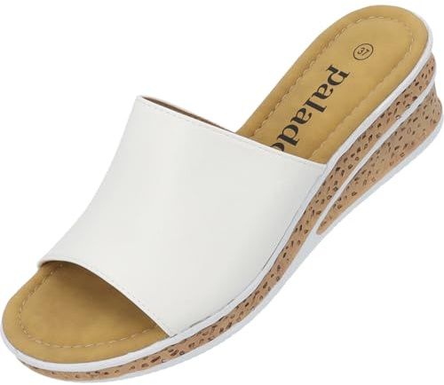Palado Sandalen Damen Niserios – modische Pantoletten im schlichten Design - bequeme Sommerschuhe - elegante Hausschuhe mit Keilabsatz Weiß UK6 - EU39