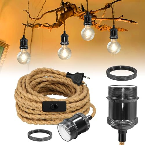 Lampe Suspendue Industrielle en Laiton, 5.1M Corde de Chanvre Câble Lustre Rétro, Support de Lampe E27 en Cuivre Noir, Suspension Luminaire Vintage avec Prise et Interrupteur pour Chambre Cuisine