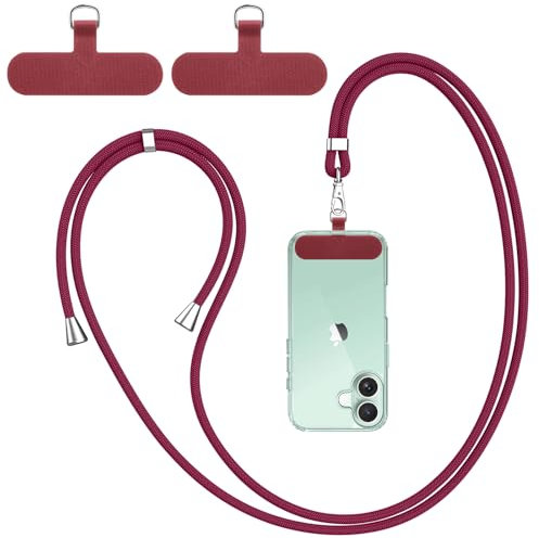 Vancle Cordon para Movil Universal, con 2 Parches Duraderos, Cuerdas Ajustables de 1,6m, Correa Cruzada para el Cuello y Muñeca, Compatible con Mayoría de Las Fundas de Teléfono (Vino Tinto)