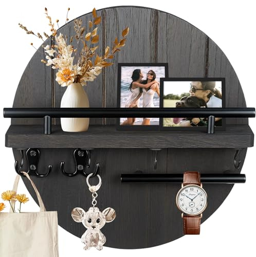 Toemics Key Holder for Wall with Shelf 11.8 inch Rustic Wooden Key Rack with 8 Hooks, Circular Wall Mounted Key Hanger and Mail Organizer for Entryway, Hallway, Kitchen (Black)