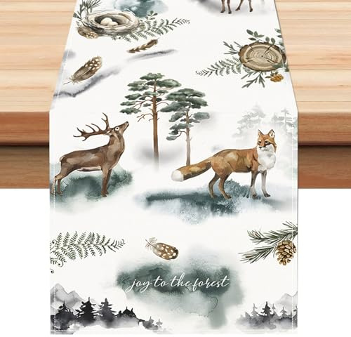 BSITSSS Chemin deTable Noel 33 x 183 cm, Decoration Table Noel Forêt, Chemin de Table Lin Renne Renard pour la Saison des Vacances Hiver Cuisine Table à Manger