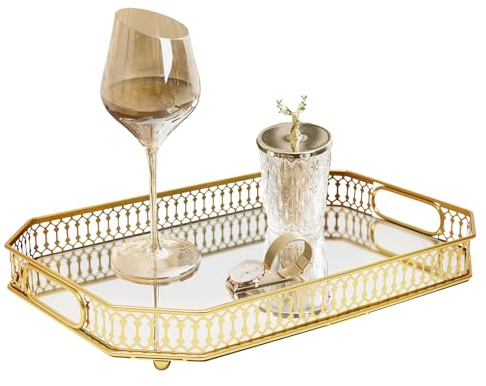 Metall Serving Tablett Gold Serviertablett Spiegeltablett mit Spiegel Glas, Servierplatte Kosmetiktablett Aufbewahrung Tablett für Kosmetika Süßigkeiten 35x25cm