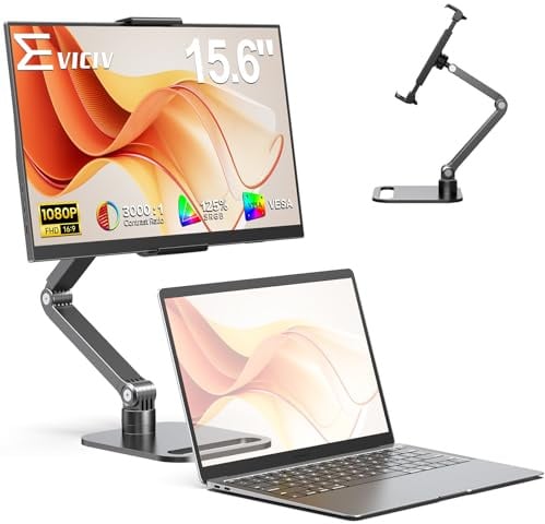 EVICIV Portable Monitor with Metal Stand, 15.6 1080P 125% sRGB 3000:1 FHD 350Nit 16:9 HDR Travel Second Screen w/VESA/Adjustable Arm, USB-C Mini HDMI External Display for Laptop/PC/Phone/Game Console