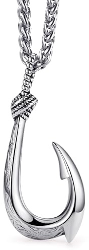 vicima Stainless Steel Fish Hook Necklace for Men, Double-Sided 3D Hawaiian Makau Pendant, Maui Necklace Nautical Lucky Charm Jewelry with 24 Wheat Chain