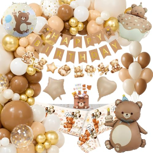 Geburtstag Junge Mädchen, Bär Kinder Geburtstagsdeko Set | Folienballons, Braun Beige Gold Latex Ballons, Happy Birthday Banner, Kinder Party für Geburtstag Deko
