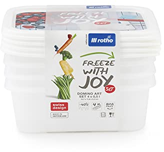 Rotho Domino 4er Set Gefrierdosen 0.5l mit beschreibbarem Motiv auf dem Deckel, Kunststoff (PP) BPA-frei, weiss, 4 x 0.5l (15.7 x 11.8 x 10.5 cm)