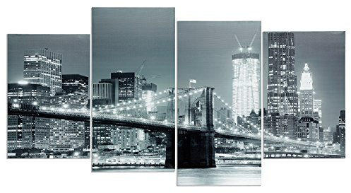 levandeo Wandbild 4 teilig 130x70cm - New York Brooklyn Bridge USA Amerika leuchtend bei Nacht Panorama Brücke - 4 Leinwandbilder im Set Bild Leinwand