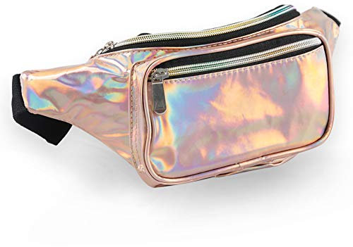 Sac banane holographique pour homme et femme, résistant à l'eau avec ceintures réglables multi-poches, joli sac banane pour voyage, marche, course à pied, randonnée, cyclisme, holographique (or rose)