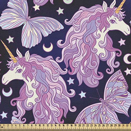 ABAKUHAUS Einhorn Gewebe als Meterware, Schmetterling Sterne Monde, Dicht Gewebter Stoff zum Nähen Polster Wohnaccessoires, 3M (148x300cm), Schwarz Lila