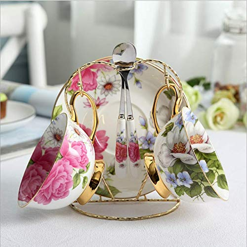 JIUJ Cups with Saucer Basic for Tea Coffee Cappuccino for 2 People Ceramic Cups and Saucers English Tea Service Creative Pattern White Purple White Red Rose 150 ml, Porcelain, white 2