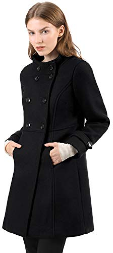 Allegra K Women's Stand Collar Double Breasted Slant Pockets Outwear Winter Coat Black M