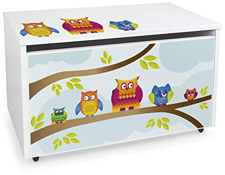 Leomark große Holzspielzeugkiste auf Rädern, Sitzbank mit Stauraum, Spielzeugkiste mit Deckel, XXL Kinderbank - Truhenbank für Kinder, weiße Aufbewahrungsbox 91L, Höhe: 46 cm (Eulen)