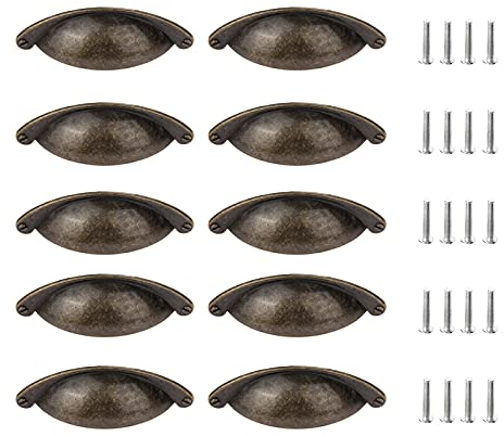 Yetaha 10PCS Drawer Cup Handles, 102 * 26mm Cabinet Hardware Cupboard Door Pulls Bronze Antique Shell Cupped Handle Knob for Kitchen Dresser Wardrobe Closet Furniture