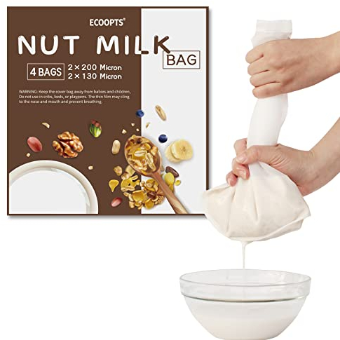 ECOOPTS Nut Milk Bags | 4 Reusable Food Strainer Mesh Strainer Bags | Ultra Strong Fine Nylon Mesh Bags | Food Grade BPA-Free | For Nutmilk/Juice/Wine/Soup/Herbs