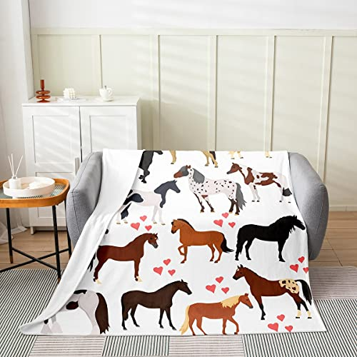 Homewish Pferde-Überwurfdecke All Season Kawaii Horse Fleece Decke Farm Cute Animal Flanell Decke for Kinderjungen-Mädchen-Karikatur-Pferde mit rosa Liebhaber-Herz Plüsch Decke, 100 x 130