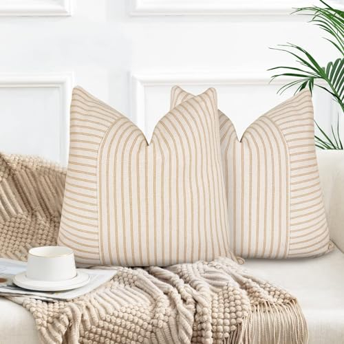 YCOLL 2er Set Kissenbezug 50x50 Baumwolle Leinen Kissenhülle Sofakissen Streifen Dekokissen Boho Deko Kissenhüllen Dekorativ Kissenbezüge für Sofa Wohnzimmer Schlafzimmer Outdoor Kissen 50x50 Khaki
