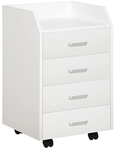 Vinsetto Cajonera de Oficina Mueble Auxiliar para Archivos con 4 Cajones Encimera Superior de Almacenaje 4 Ruedas y 2 Frenos para Estudio Despacho 40x36x65 cm Blanco