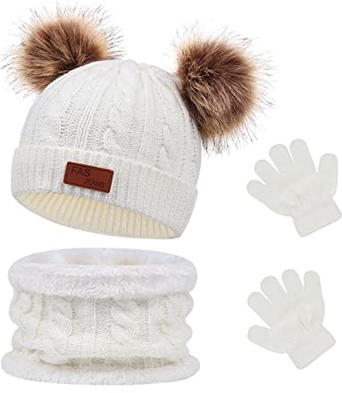 Waylipun 3 in 1 Kinder Wintermütze Schal Handschuhe Set, Strickmütze Kinder Mütze Set, Warme Winter Beanie Hut Handschuhe Schal Set für Kinder Jungen Mädchen, 2-6 Jahre