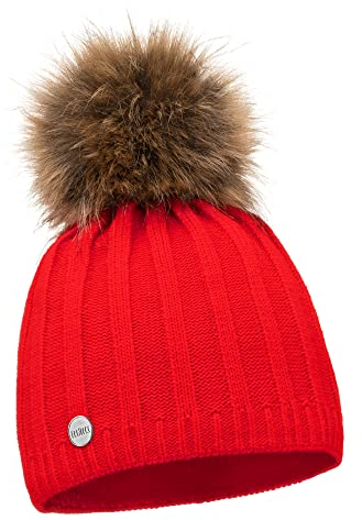 ELIMELI Mütze Damen Winter warme Strickmütze Wollmütze mit Kaschmir Wintermütze mit Kunstfell Bommel Slouch Strick Beanie Damen für Winter Bommelmütze Hergestellt in EU Farbenauswahl (Rot)