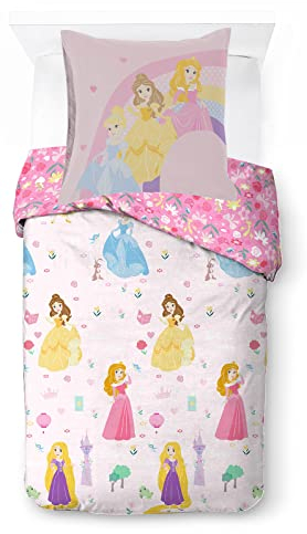 Disney Prinzessin-Bettwäsche Scherenschnitt 140 x 200 cm, 100 % Baumwolle, für Einzelbett, enthält Bettbezug & Kissenbezug 65 x 65 cm, geeignet für Betten von 90 x 190 cm bis 90 x 200 cm