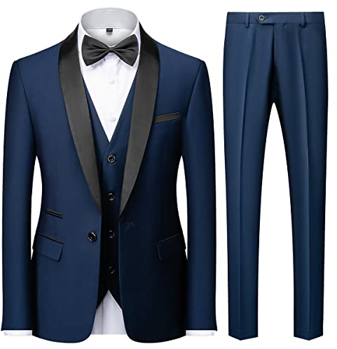 KUDMOL Completo da uomo, 3 pezzi, slim fit, scialle con un bottone, risvolto, per matrimoni, balli scolastici, blazer, gilet, pantaloni, Blu scuro, M