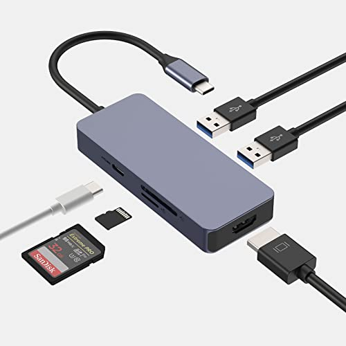 USB C Hub, Tymyp 6 in 1 USB C Adapter mit 4K HDMI, 2 USB 3.0, SD/TF Kartensteckplatz, 100W USB C Ladeanschluss zum Mac, ipad, Dell und mehr Typ-C Geräte