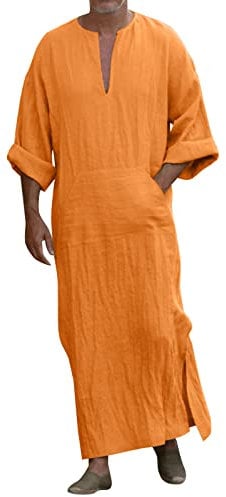 Beokeuioe Side Split Short Sleeve Robe V-Neck Men's Kaftan Cotton with Pockets High Thobe Long Dress Nightdress for Men Thin Dressing Gowns, A2 Orange, S