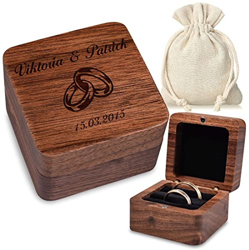 Holz Ringbox Ringschatulle mit personalisierter Wunschgravur - Motiv: Ringe ineinander - braunes Ringkissen - mit Geschenkbeutel - Made in Germany - Verlobung, Hochzeit - Paar, Love