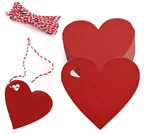 Laughhe 100 Stück Herz-Geschenkanhänger, Roter Etiketten Anhänger Herz mit 10m Schnur, Valentinstag Geschenkanhänger Kraftpapier Geschenkanhänger für Geschenke Party Hochzeit Geburtstag Valentinstag