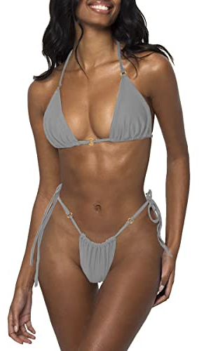 LUNNTE Damen Halfter String Bikini Set Sexy Tanga Frech Zweiteilige Badeanzüge Einfarbige Badebekleidung (Grau, XS)