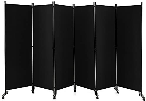 GOPLUS Paravent Pliable 6 Panneaux avec Roues, Brise Vue Intérieure et Extérieure avec Support en Métal,Paravent de Chambre Retractable 334,5x172CM, pour Salon, Chambre, Hôpital (Noir)