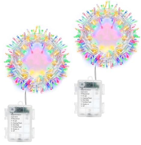Lichterkette Batterie mit Timer 2 Stück 10m 100LEDs Außen Lichterkette Batteriebetrieben mit 8 Modi, Innen Lichterkette mit Akku Transparentes Kabel für Weihnachten Balkon Hochzeit Deko DIY, Bunt